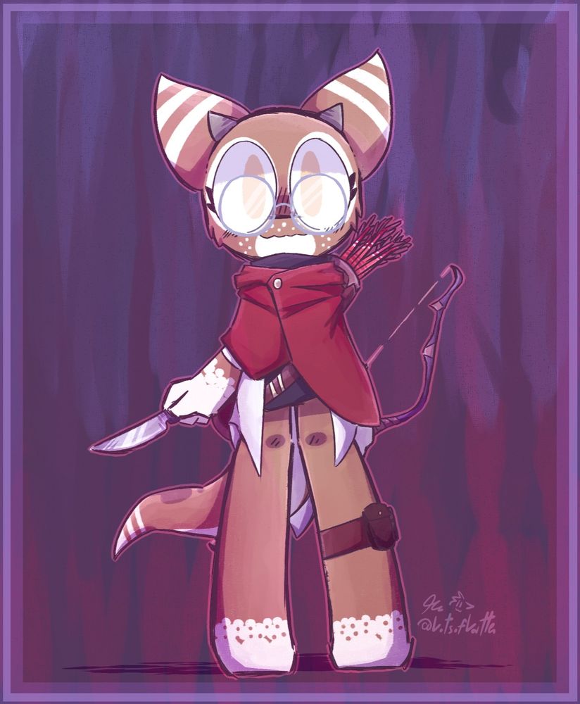 A brown and white spotted kobold, with glasses and a red tunic. She has a bow on her back and is holding a scalpel.