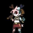 A blue and pink deer, with chest wraps and a red silk skirt. She is holding a giant wooden log.