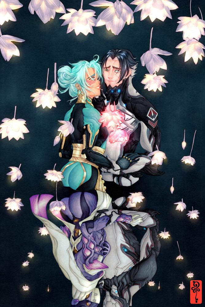 The warframes Excalibur and Wisp standing in dark water, gently embracing while Exaclibur lifts Wisp's chin, surrounded by glowing lotus flowers, much like the Helminth flower garden.  Their reflections show Arthur Nightingale and a Drifter in the same pose, implying that the Excalibur is Arthur having fully transformed into warframe and the Drifter is using Transference with Wisp, a couple despite the changes, still completely devoted to each other.