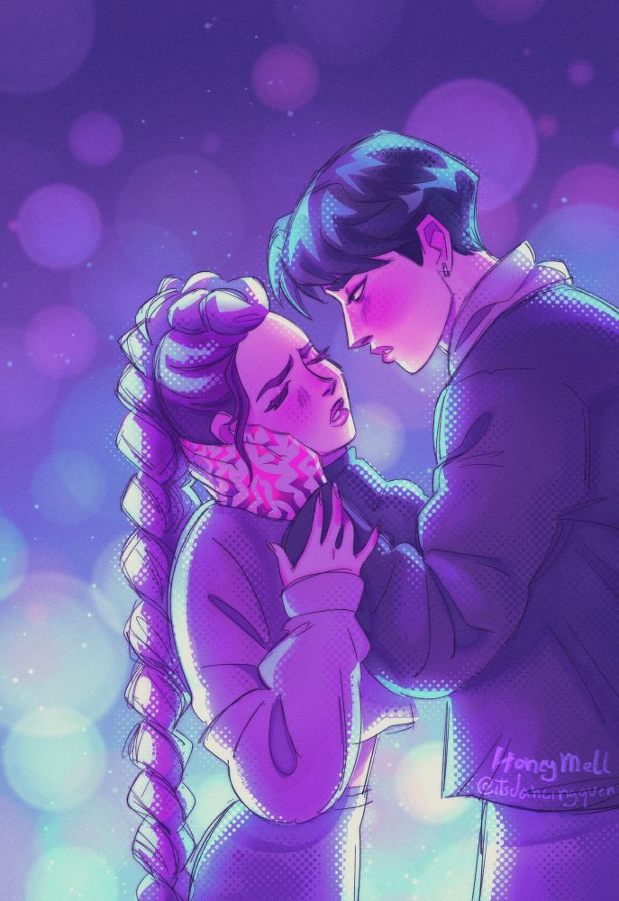 rumi and jinu from kpop demon hunters. 
jinu is holding her face gently, the patterns in his hands glowing pink, a yearning look in his face as he stares at rumi. rumi has her eyes closed with a pained expression, her right hand lighly over jinu’s wrist. their figure is illuminated by the purple and bright blue lighting in the background.