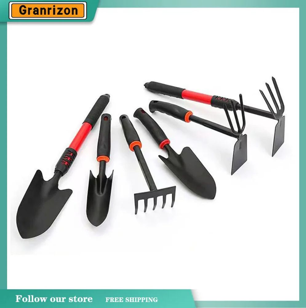 Four-Piece Set of 5 Tooth Rake, Black Rubber Handle, Flower Shovel, Dual-Purpose Hoe, GardeningTool