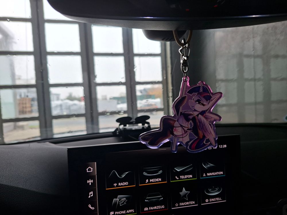 Inside of a car (Audi A5 emergency response vehicle). A Twilight Sparkle (My little Pony) keychain that shows the character doing a poledance in lingerie is hanging from the rearview mirror.