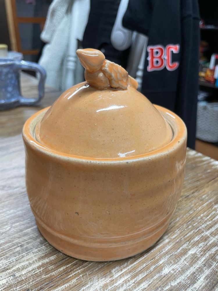 A glazed lidded jar with a sculpted bird knob. Exterior is glazed in Amaco’s Tangelo.
