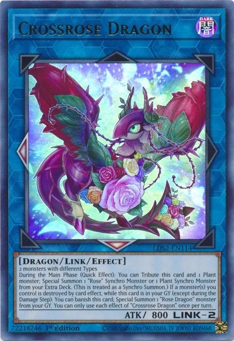 A card named Cross Rose Dragon from the trading card game, "Yu-Gi-Oh!"