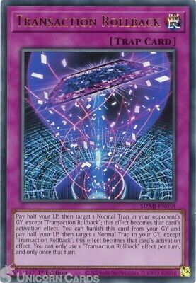 A normal trap card named "Transaction Rollback" from the trading card game, "Yu-Gi-Oh" whose effect reads;
Pay half your LP, then target 1 Normal Trap in your opponent's GY, except "Transaction Rollback"; this effect becomes that card's activation effect. You can banish this card from your GY and pay half your LP, then target 1 Normal Trap in your GY, except "Transaction Rollback"; this effect becomes that card's activation effect. You can only use 1 "Transaction Rollback" effect per turn, and only once that turn.