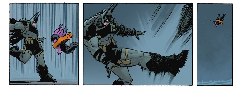 Batman, an absolute mountain of a man, punts a small child wearing a life preserver out to sea