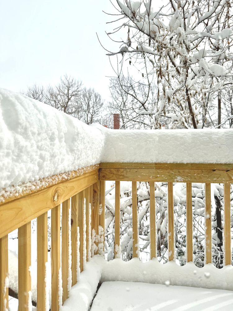8 inches of snow on the railing of a wooden deck.
