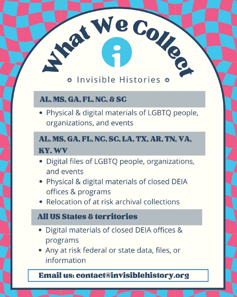 Invisible Histories. What we collect. 

AL, MS, GA, FL, NC, & SC: Physical & digital materials of LGBTQ people, organizations, and events

AL, MS, GA, FL, NC, SC, LA, TX, AR, TN, VA, KY, WV: Digital files of LGBTQ people, organizations, and events
Physical & digital materials of closed DEIA offices & programs
Relocation of at risk archival collections

All US States & territories: Digital materials of closed DEIA offices & programs 
Any at risk federal or state data, files, or information


