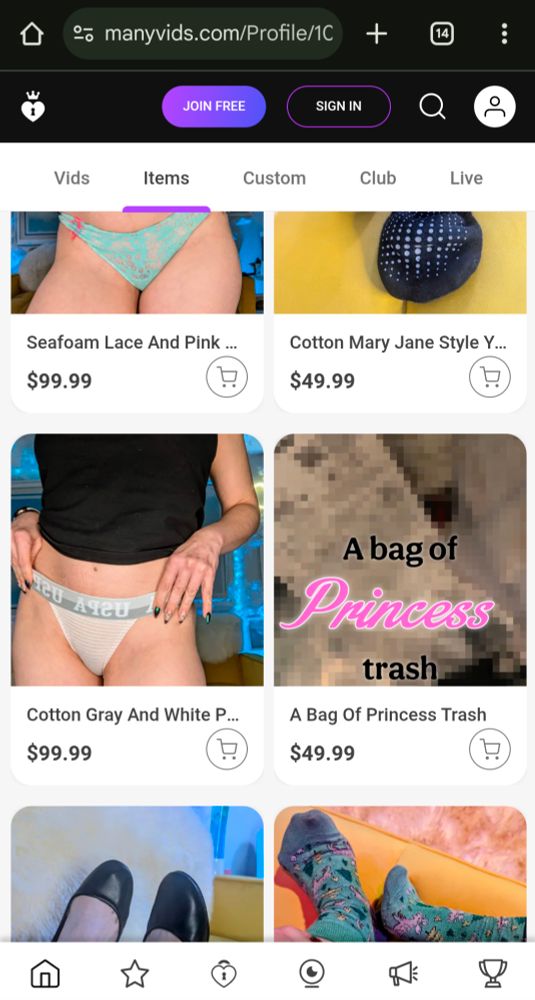 Miss Isobel Devi selling some socks, panties and shoes in her worn items store on many vids.