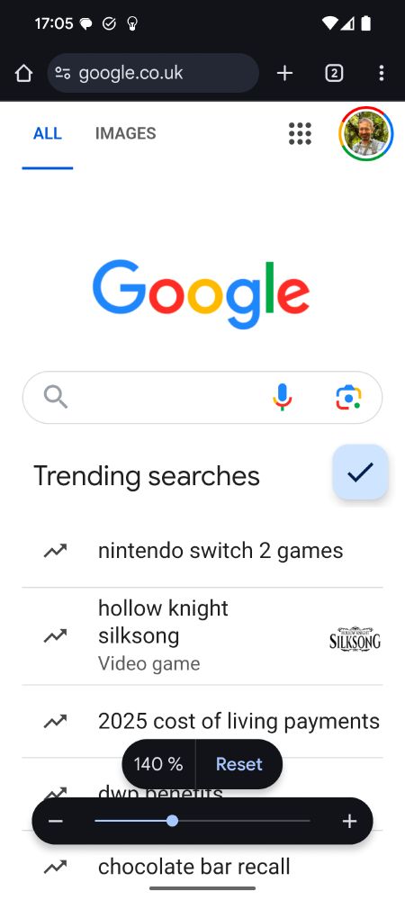 Google web page showing in Chrome with a zoom control set at 140%