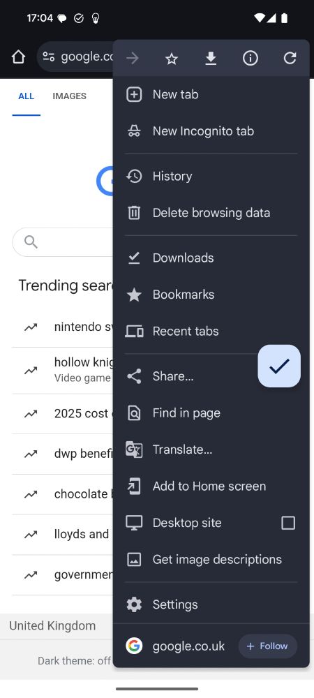 Chrome's browser menu showing with no zoom option.