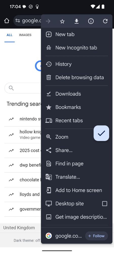 The Chrome browser menu showing, slightly larger text, and a zoom option is showing.