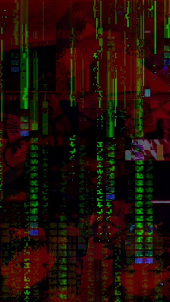 Glitchy green matrix text rains down in front of a collection of red corrupted anime faces from Evangelion