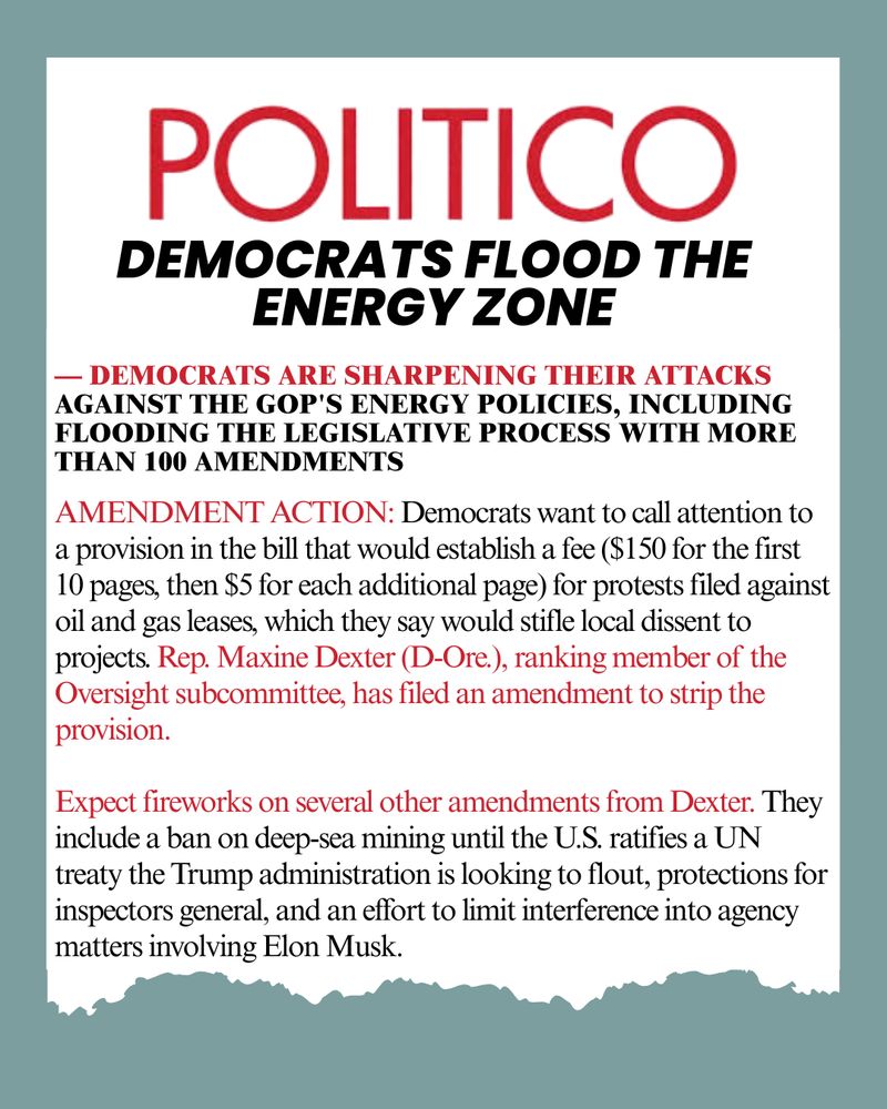 Politico article on Rep. Dexter’s amendments in the House Natural Resources Committee markup of the Republican budget. 