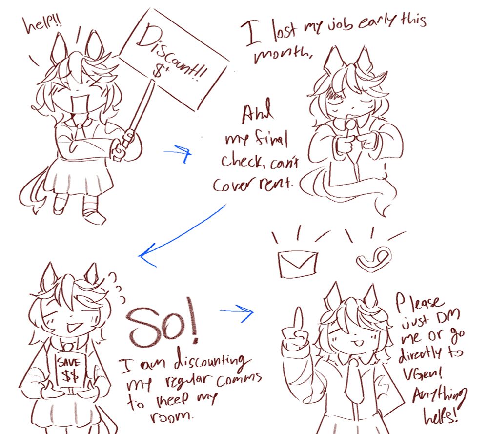 Text reads as follows -
"Help! I lot my job early this month, and my final check can't cover rent. So! I am discounted my regular comms to keep my room. Please just DM me or go directly to VGen! Anything helps!"