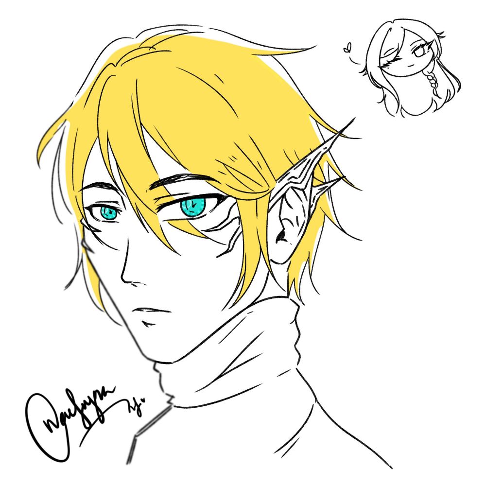 A lineart of a stylized portrait. There is a man with clocks as irises and yellow hair. His ear is slightly pointed with ear cuffs. On the upper right corner is a chibi hsad of a girl with long hair, winking.