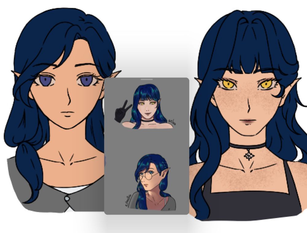 A work in progress art of two elven OCs that are siblings. The left is Estaella and the one on the right is Aelva. Estaella has blueish purple eyes and Aelva has yellow eyes. Estaella is wearing a white tank top underneath her grey cardigan. Aelva has a choker with a star pendant and wears a black dress.