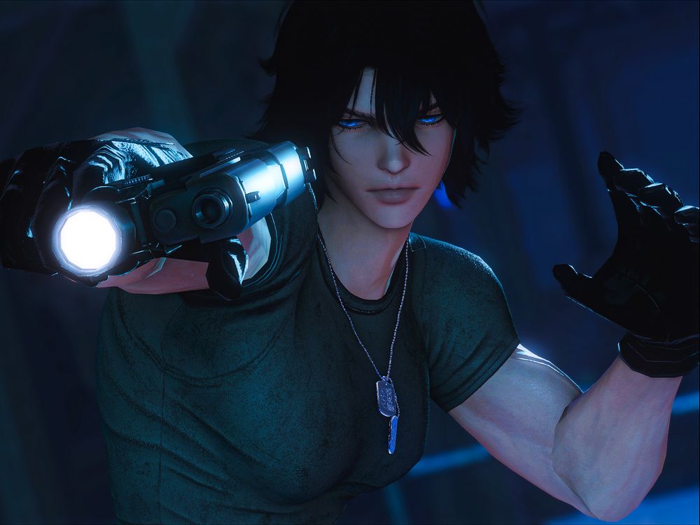 Pictured is a half-elezen man in a weathered t-shirt with dogtags around his neck. He's wearing black leather gloves and is pointing a SIG P226 with an activated flashlight at someone behind the camera. He has light tan skin, bold blue eyes, and dark, medium length hair.
