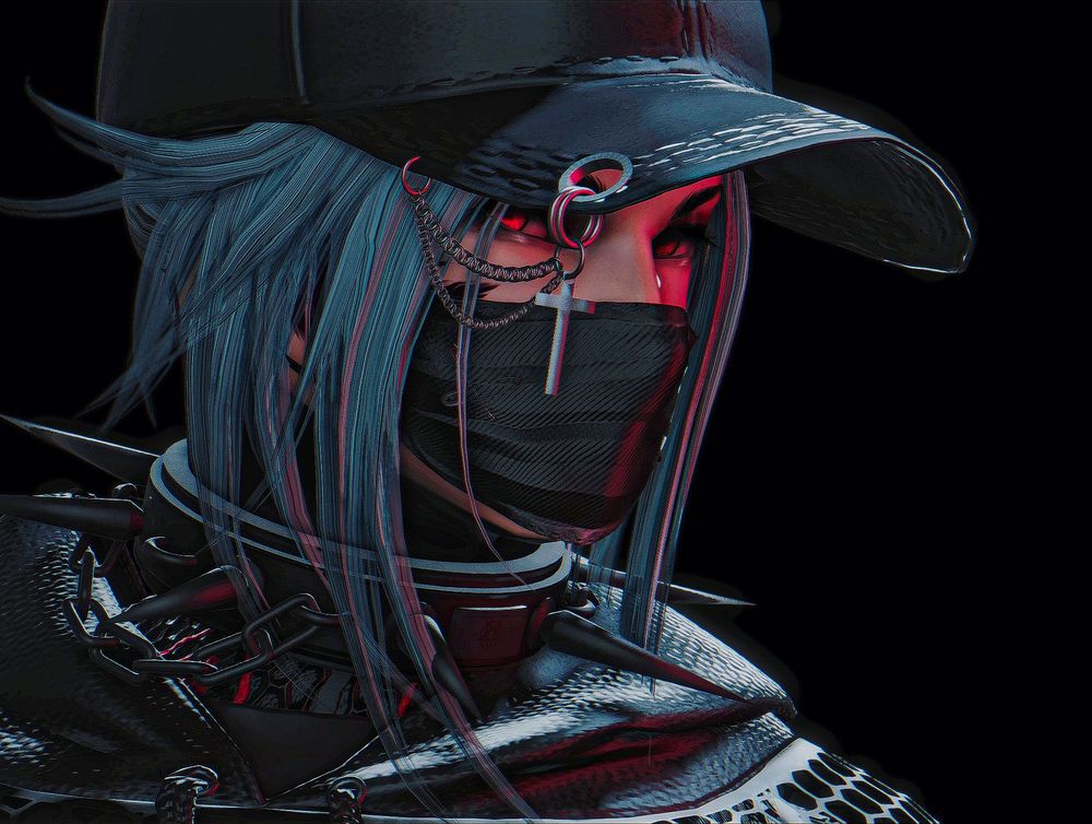 A male viera with silver hair and bright red eyes is giving the camera a side glance. He's wearing a black baseball style hat with chains and a cross dangling from it. He's wearing a metal choker with long black spikes on it and a mesh and cotton hooded shirt.