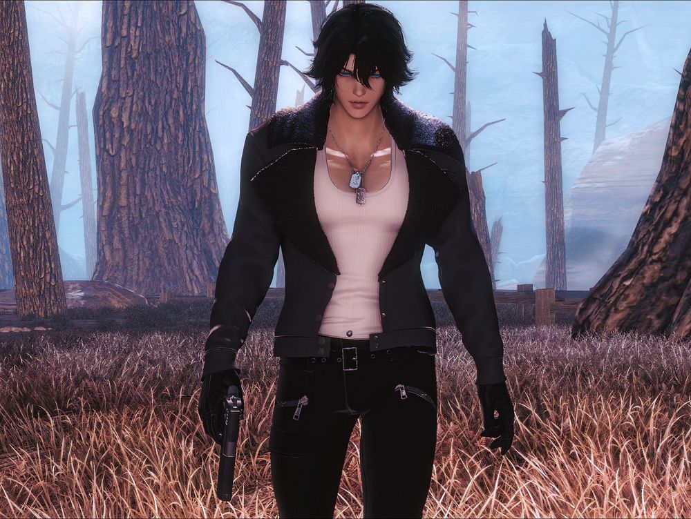 Pictured is a half-elezen man walking through a dead forest. He wears dog tags around his neck along with a grey jacket with black fur, a white tank top, black pants, and black gloves. In his right hand he's holding a Jericho 941R pistol. He has bold blue eyes, dark hair, and light tan skin.