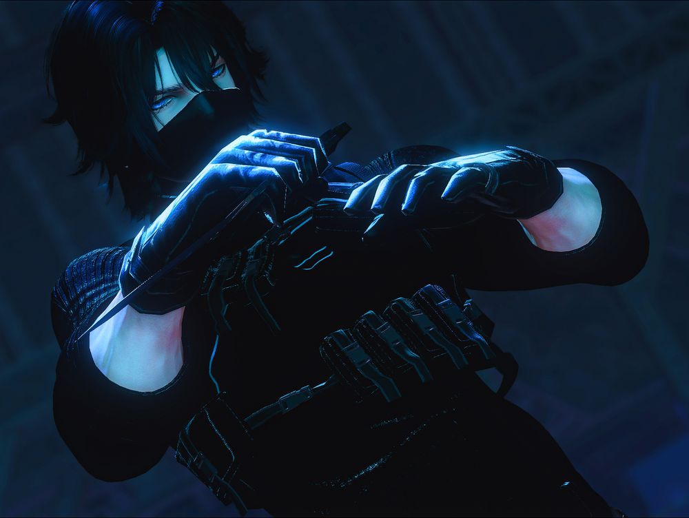 Pictured is a half-elezen man in a black turtleneck and tactical vest. He's wearing black leather gloves and a mask that covers the lower half of his face. He's holding a tactical knife in one hand and is settled into a fighting ready stance. He has medium length dark hair, light tan skin, and bright blue eyes.
