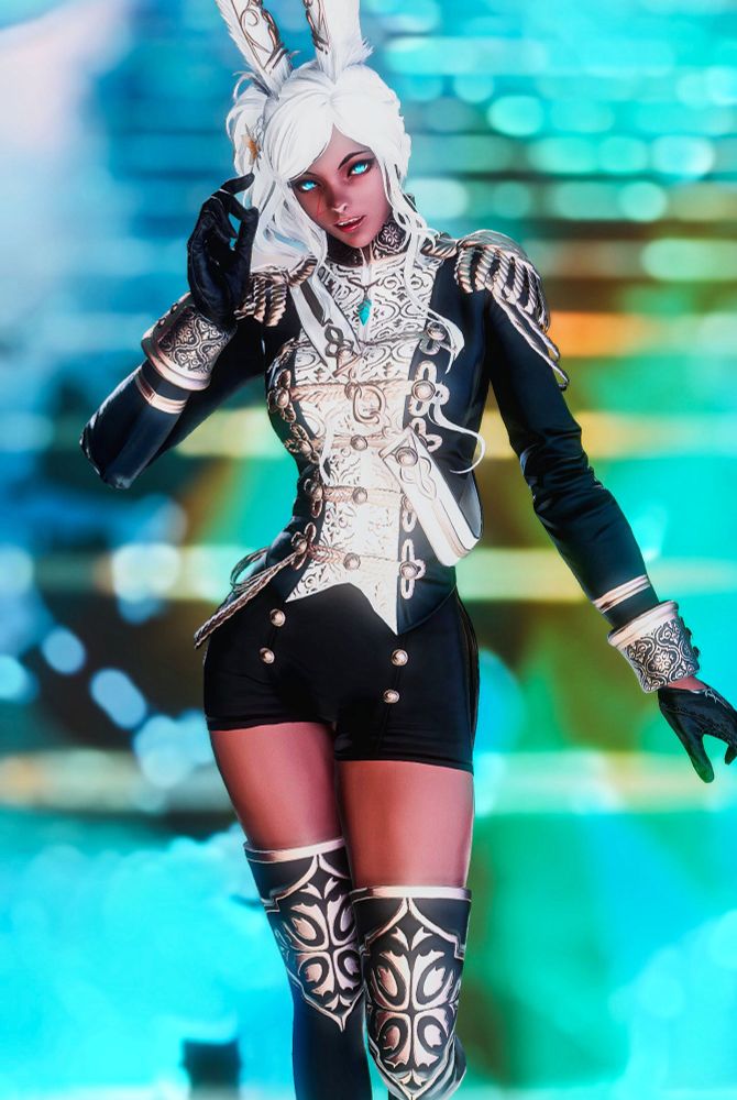 A brown skinned viera woman with white hair, an x shaped scar on her cheek, and glowing blue eyes. She is pictured walking down a ramp of light towards the camera.