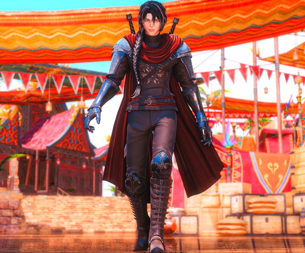 A hyur man walks through the market in Tuliyollal dressed in armour fit for a viper. Bright orange and red coloured banners criss-cross above him. Two swords are sheathed on his back. He has long, dark hair streaked with grey with a braided ponytail over one shoulder. He has a serious expression.