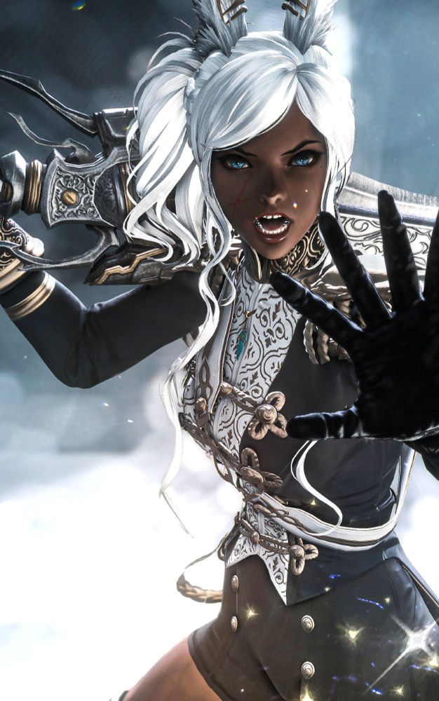 A brown skinned viera woman with white hair, blue eyes, and an X shaped scar on her cheek looks towards the camera with a fierce expression, a gunblade over her shoulder and one hand held up as if she is defending an unseen person. 