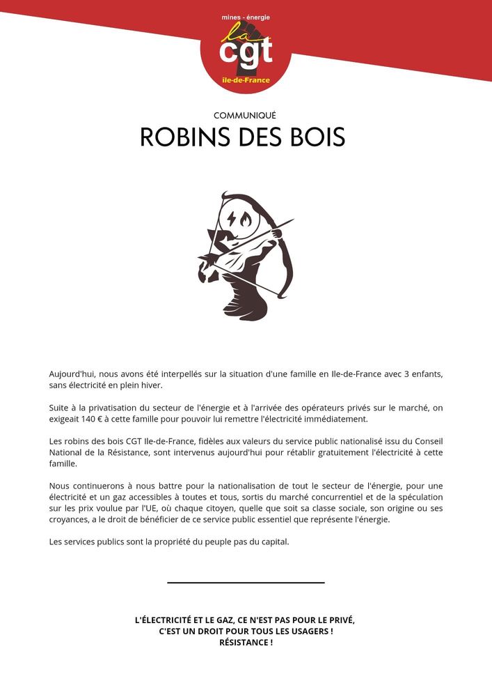 Communiqué CGT Mines énergie IdF sur l'action. "Les services publics sont là propriété du peuple pas du capital."