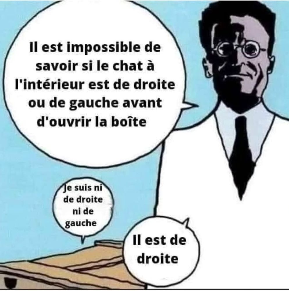 Schrodinger devant une boîte :
« Il est impossible de savoir si le chat à l'intérieur de la boîte est de gauche ou de droite avant d'ouvrir là boîte »

Depuis la boîte fermée, une bulle, qu'on devine du chat : « Je suis ni de gauche ni de droite »

Schrodinger : « Il est de droite »