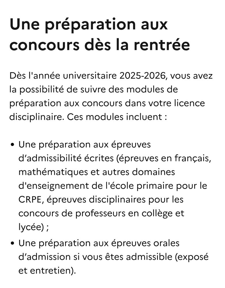 Dès l'année universitaire 2025-2026, vous avez la possibilité de suivre des modules de préparation aux concours dans votre licence disciplinaire.