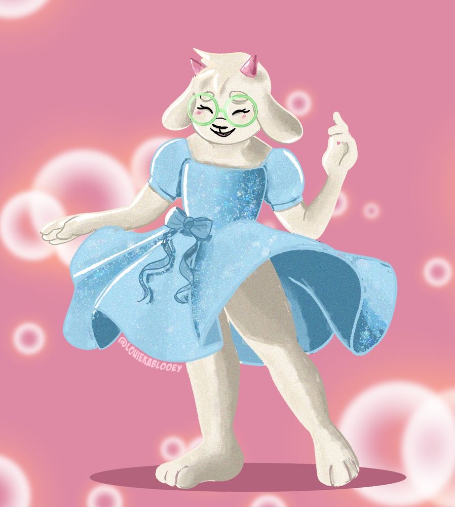 Ralsei spinning and smiling in a blue dress