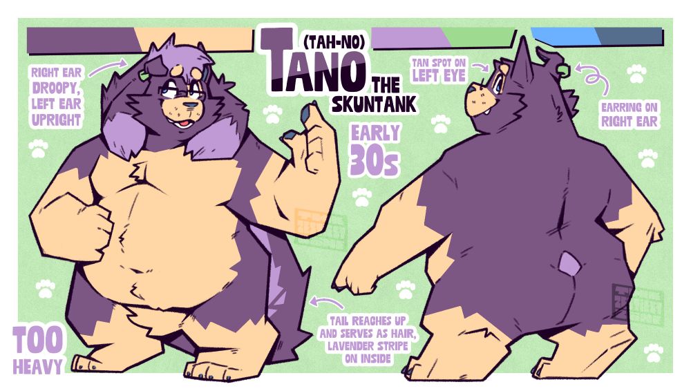 Ref sheet of Tano the Skuntank
Right ear droopy, left ear upright
Green earring on right ear
Glasses
Tan spot on left eye
Tail reaches up his back to serve as hair, lavender stripe on the inside