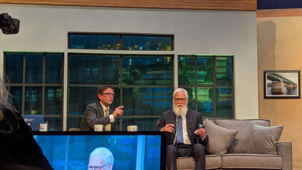 Dan Cashman, left, interviews David Letterman  on the last taping of The Nite Show with Danny Cashman. 