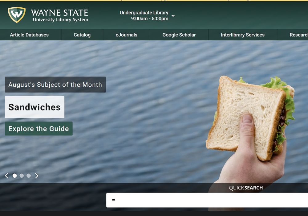 The WSU Library Subject of the Month is "Sandwiches," with a picture of someone holding a sandwich 