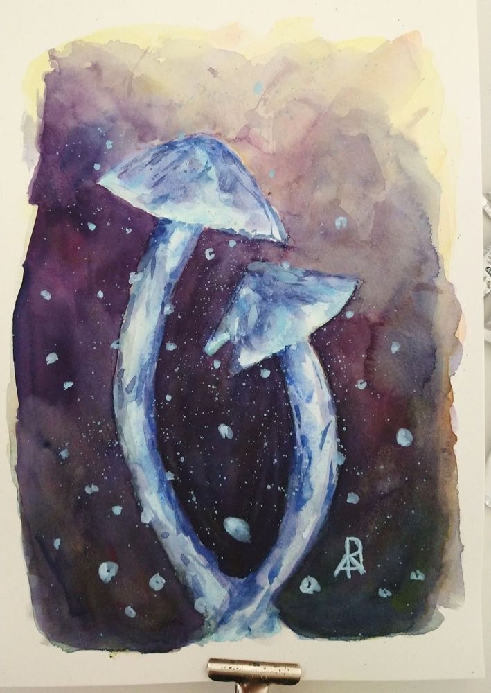 Watercolor painting on paper. Two blue mushrooms are in front of a dark background. 