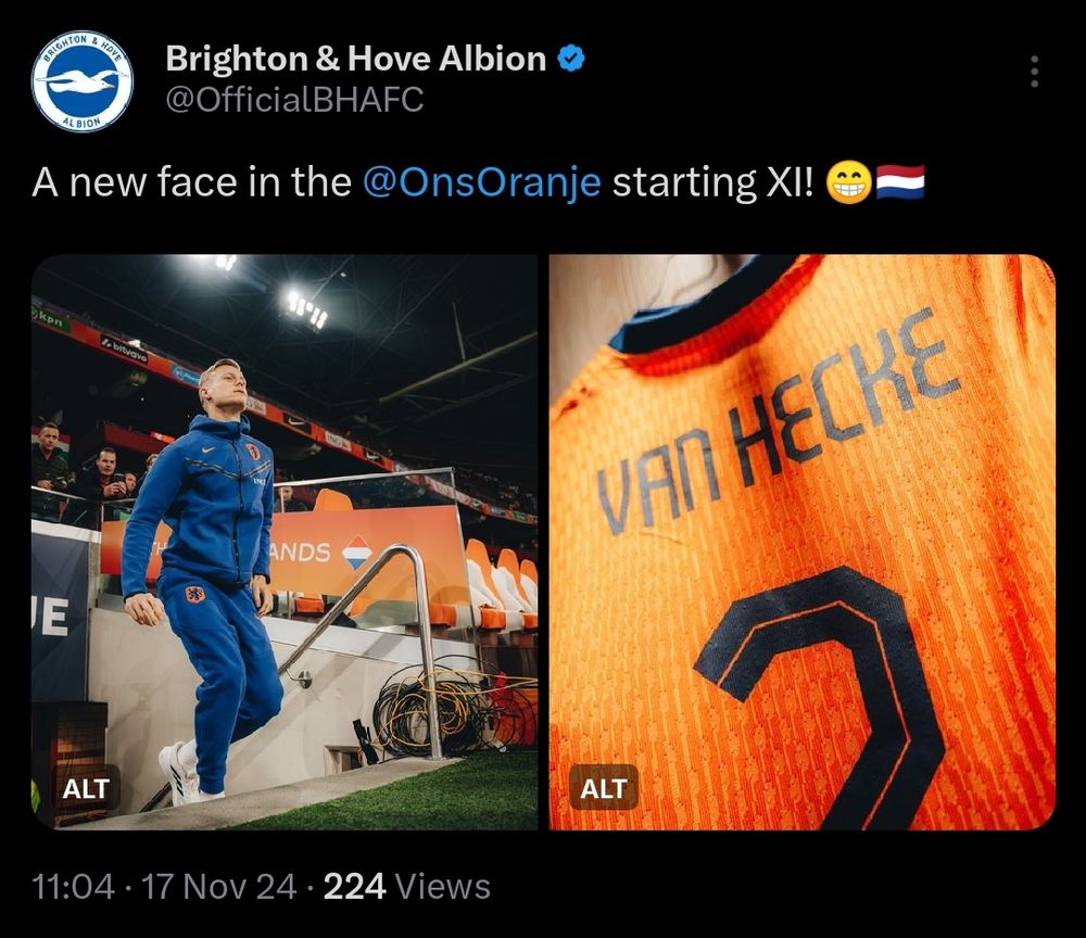 Brighton FC post about Jan Paul Van Hecke stating a new face in the @onsoranje starting 11