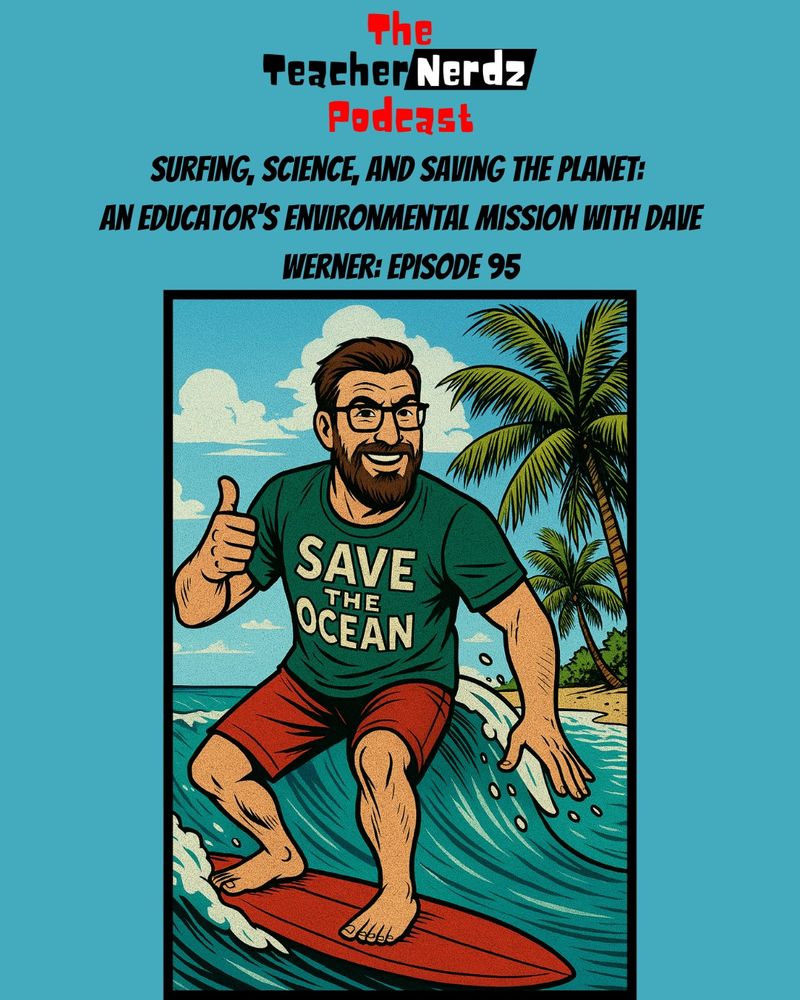 A comic book-style illustration features a muscular, bearded man with glasses surfing on a red surfboard. He wears a green T-shirt that reads “SAVE THE OCEAN” and red shorts. The scene is set against a vibrant tropical background with blue skies, palm trees, and crashing ocean waves. The artwork uses bold lines and halftone shading to give it a classic comic book look. The man is smiling and giving a thumbs-up, portraying him as an energetic and environmentally conscious surfing instructor.
