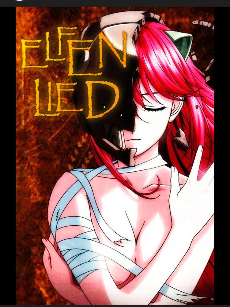 Poster for the anime “Elfen Lied” showing main character Lucy, a red haired woman wrapped in bandages and wearing half of a helmet. She has a horn visible on her head.