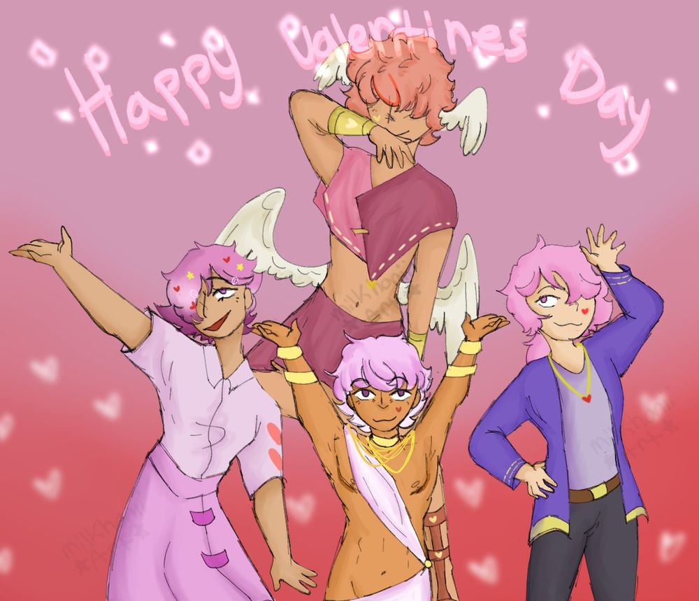 A drawing with my OCS Charlie, Qu, Amaris and Vali. Charlie is on the left, Qu in the middle, Amaris on the right and Vali in the middle above Qu. 
