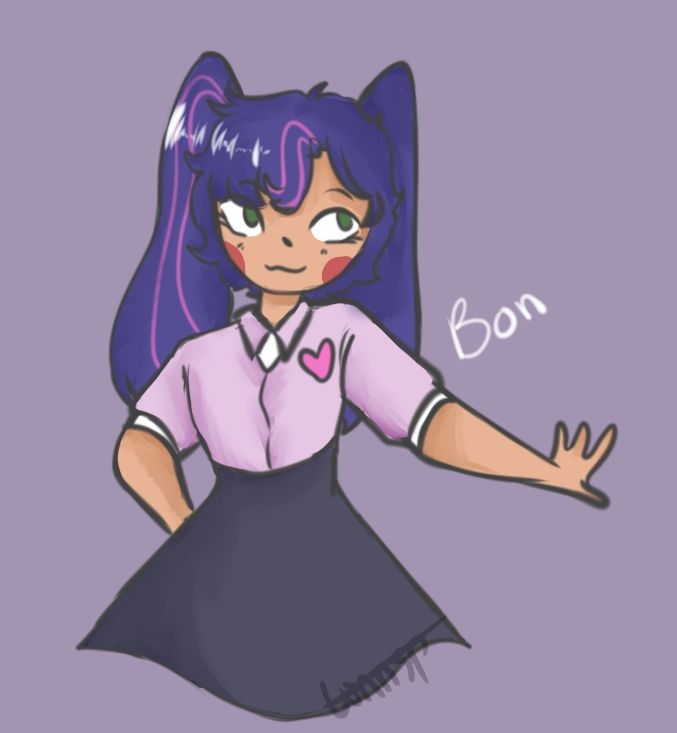 A girl with two long dark blue pigtails is smiling while looking to the left, her arm is raised slightly to the left. 