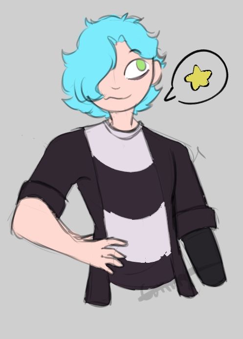 A drawing of my oc Maddie with a hand on his hip and smiling.