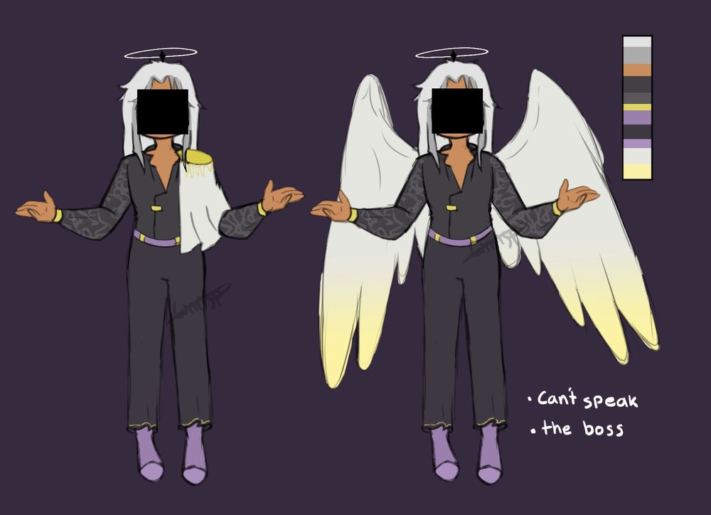 A new unnamed oc with a black square obscuring his face. Text reads "Can't speak" and "The boss"

He has two large off-white wings that fade into a soft yellow. 