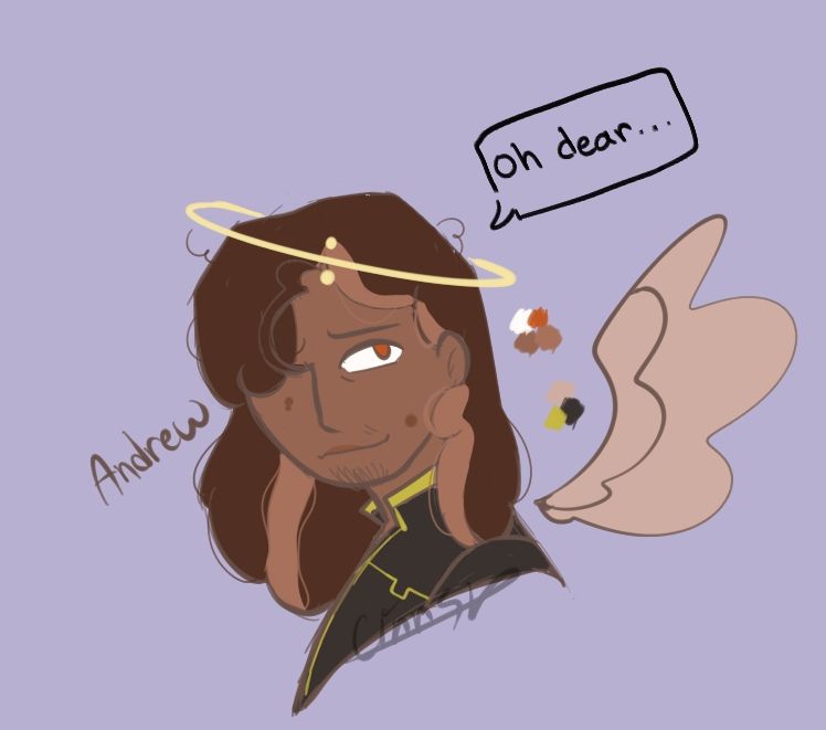 A drawing of a new oc named Ander. He has a slight smile with a concerned look. He is saying "Oh dear..."