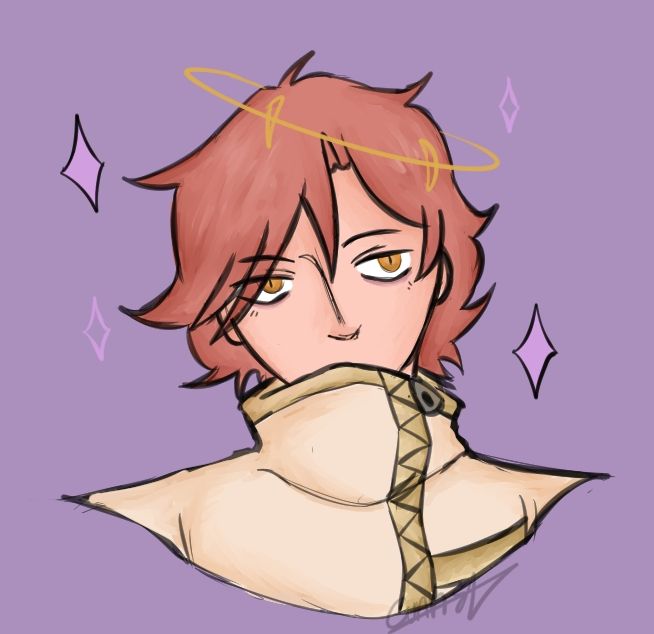 A drawing of my oc Aunit. He is looking at the viewer with purple sparkles around him.