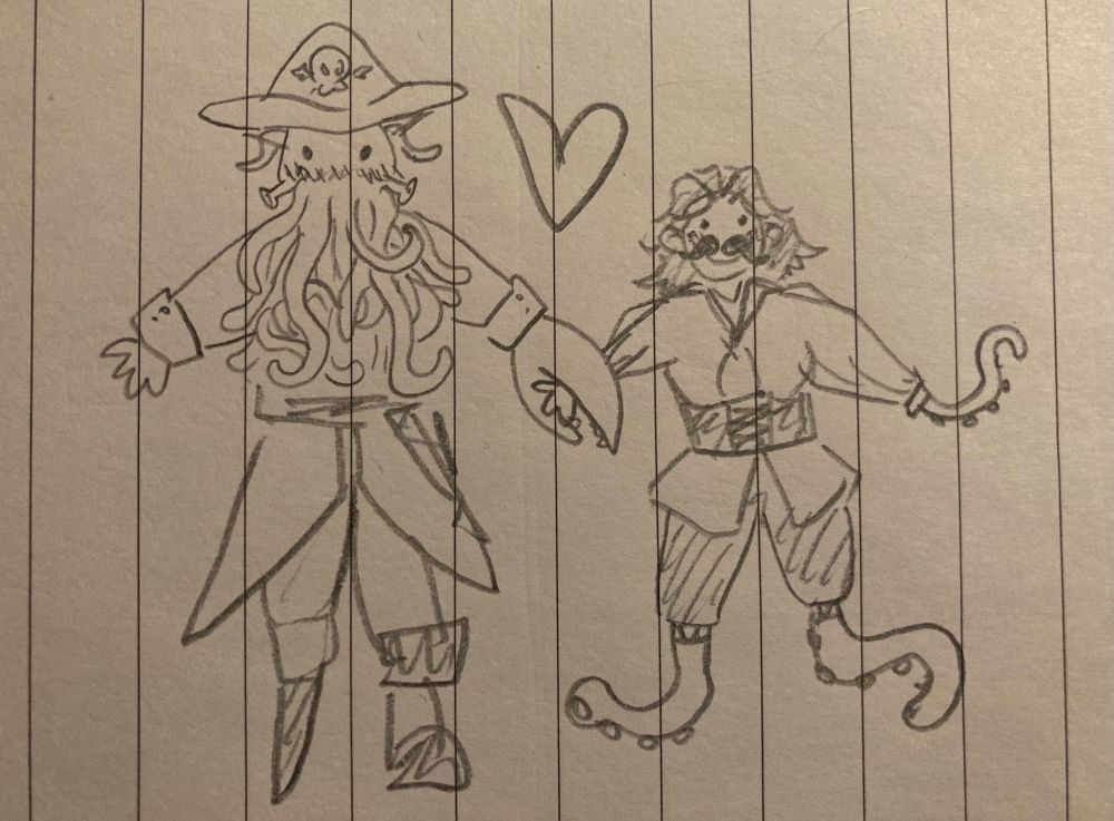 Childish drawing of Davy Jones (from Pirate of the Caribbean) and myself with tentacle arms and legs. We are holding hands, smiling and a heart is drawn between us