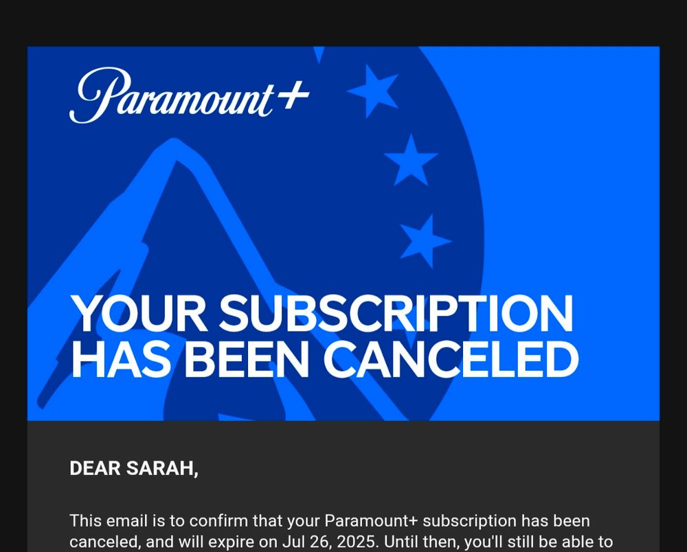 A screenshot of Sarah's confirmation of cancellation email.