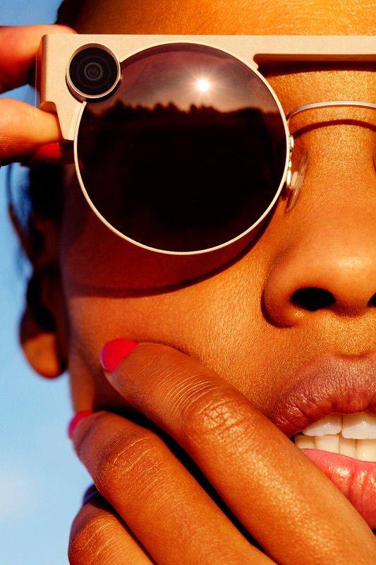 A closeup of someone wearing the Spectacle 3 eyewear from Snapchat