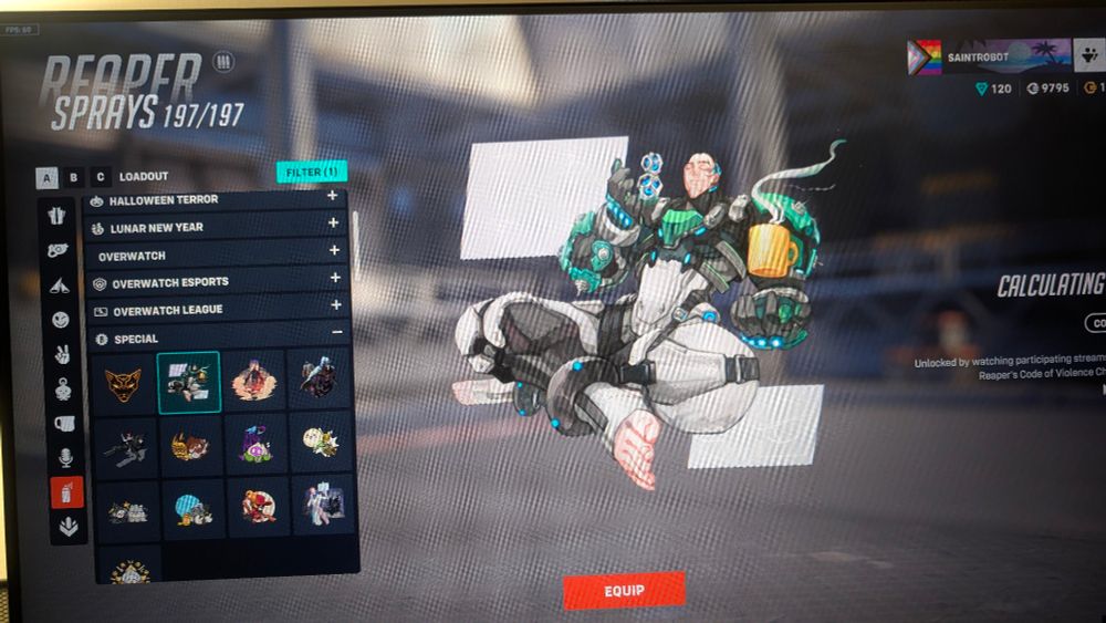 A picture of my computer screen. I'm on the overwatch cosmetic menus and the spray I'm looking at is CLEARLY Sigma but it's locked to Reaper for some reason