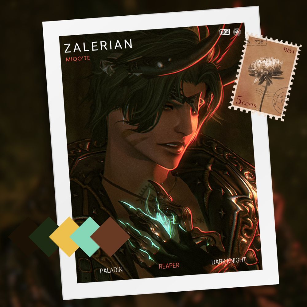 A gpose portrait of Zalerian, a male miqo'te with dark emerald hair and vivid golden eyes. His main classes are Reaper, Paladin & Dark Knight.  